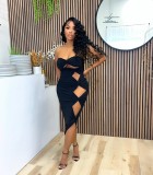 Black Solid Color Hollow Strapless Mid Dress