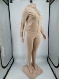Solid Plus Size Khaki Printed Letter Zipper Hoodie Sweatpant Set with Pockets