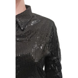 Solid Sequin Loose Turndown Neck Shirt Dress
