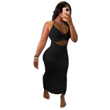 Solid Color Halter Pleated Long Dress