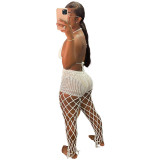 Sexy White Beach Fishnet Perspective Hollow Halter Crop Top Two Piece