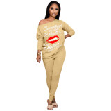 Casual Print Lips Patchwork O Neck Long Sleeve Two Pieces
