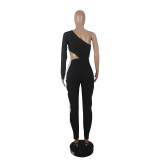 Solid Color Stitching One Shoulder Cutout Jumpsuit