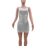 Summer Silver Sequin Casual U Neck Sleeveless Mini Dress