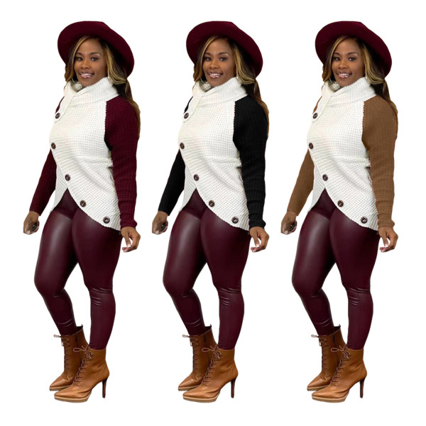 Patchwork Hem Pullover Turtle Button Asymmetric Cowl Neck Full Sleeve Long Sleeve Wrap Sweater