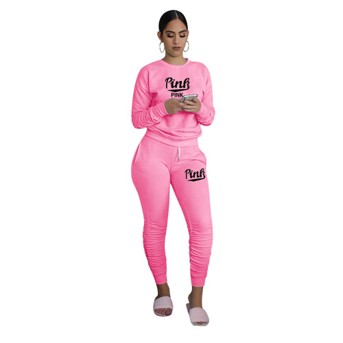 Casual Print Letter Pleated Sweatpants Two Piece with Pockets