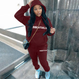 Casual Letter Pyrography Velvet Drawstring Kangaroo Pocket Hoodie & Pants Set