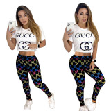 Casual Printed Short Sleeve Long Pants Two Piece Set