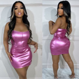 Solid Color Shiny Strapless Tube Sexy Mini Dress