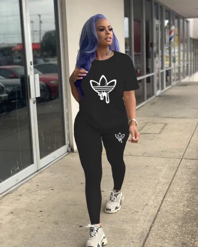 Fashion Casual Solid Color Graphic Print Short Sleeve Sport Blouse Trousers Two Piece Set