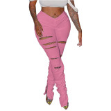 Solid Color Pleated Split Holes Stacked Pants