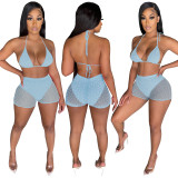 Summer Light Blue Beachwear Sexy Mesh Sequined Two Piece Short Set