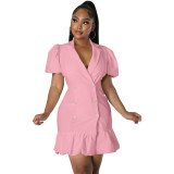 Women's V Neck Dress Cute Puff Sleeve Button Down Casual A-Line Ruffle Swing Short Mini Dresses