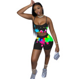Spoof Letter Printed Sports Straps Short Set