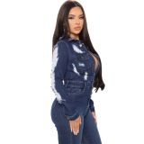 Fashion Casual Turndown Neck Long Sleeve Denim Ripped Jumpsuit