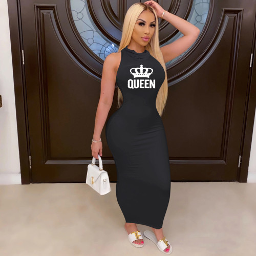 Casual Black Crown Printed Sleeveless Nightclub Maxi Dress