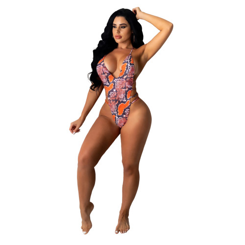Sexy Snake Print Cutout Hollow Playsuit
