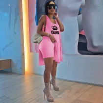 Casual Pink Knitting Printed Vest Loose Long Top Shorts Set