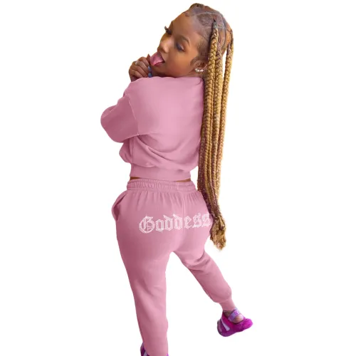 Autumn Winter Pink Hot Drilling Solid Casual Sportswear Set