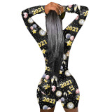 2021 New Year's V Neck Pattern Shorts Romper