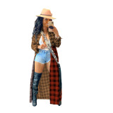 Plaid Print Patchwork Shirt Collar Long Blouse