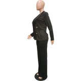 Fashion Vest Long Sleeve Ruffle Hem Peplum Blazer Plain Wide Legs Three Piece Sets Women's Pants Set