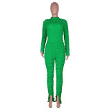 Casual Long Sleeve Bubble Fabric Pants Set