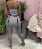 Solid Color Contrasting Ribbon Tassel Zipper Straps Tops & Long Pants