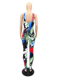 Multicolor Sexy Printed Hollow Straps Cross Jumpsuits