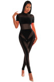 Sexy See Through Mesh Stitching Short Sleeve Jumpsuit