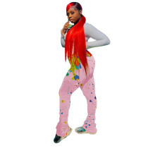 Casual Pleated Splash Ink Micro Horn Pants with Pocket