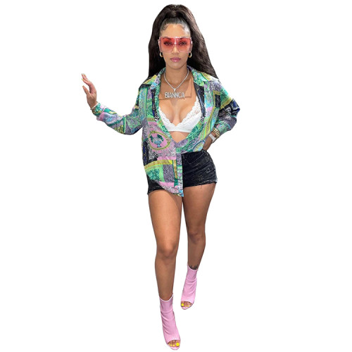 Fashion Printed Turn-down Neck Blouse