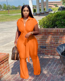 Orange Fashion Shirt Collar Single-breasted Wide Leg Jumpsuit with Belted