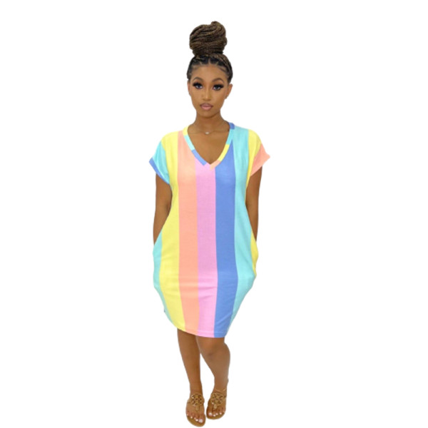 Summer V Neck Striped Midi Dress