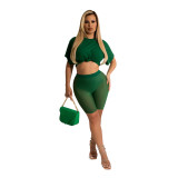 Summer Solid Mesh Shorts Set for Women Green