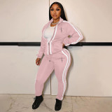 New Sporty Women Long Sleeve Collared Striped Drawstring Casual Stitching Printed 2pcs