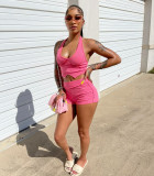 Solid Color Sexy Pink Backless Halter Two Piece Shorts Women Set
