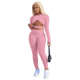 Sexy Cross Cutout Sports Two Piece Women Clothing Set with Hollow Out
