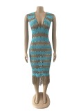 Women Summer Casual Striped V Neck Bodycon See Through Sexy Knit Rib Tassel Beach Dress