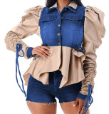 Double Collar Adjustable Tie Puff Long Sleeve Ruffle Denim Jacket