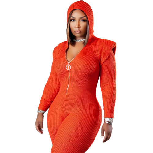 Orange Winter Thicken Knitted Woolen Padded Shoulder Zipper Up Bodycon Long Sleeve Hoodie Jumpsuit