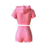 Solid Pink Zipper Cardigan Hooded Cropped Two-Piece Short Summer Set