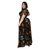 Summer Plus Size Women Print Puffed Short Sleeve Sexy Mesh Long Dress