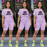 Summer Casual Purple Knit Print Sports Shorts Set Two Piece