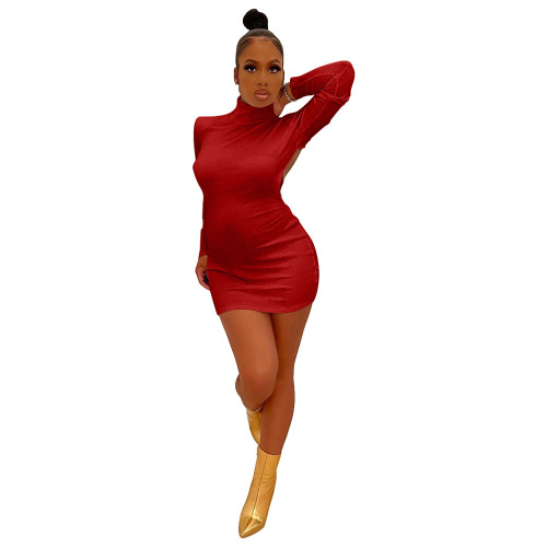 Solid Red Elastic Cotton Backless Nightclub Sexy Dress