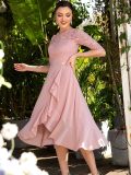 Off Shoulder Floral Lace Front Split Three Quarter Sleeves Bridesmaid Party Dress