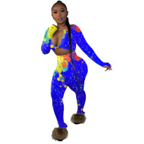 Women Colorful Ink-splash Print Crop Top Two Piece Outfits