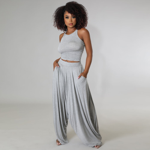 Grey Casual Knitted Straps Backless Top & Pleated Harem Pants