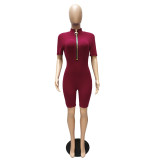 Solid Color High Neck Zipper Romper