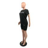 Casual High Elasticity Fashion Pyrography Letter Short Sleeve Shorts Set